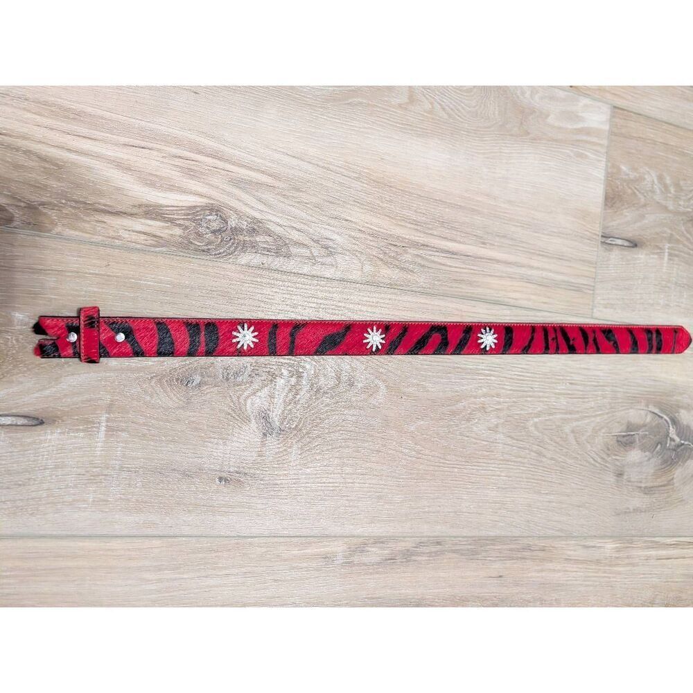 3D Leather Kids Small Red Zebra Hair-on-Hide Belt Western Rhinestone No Buckle